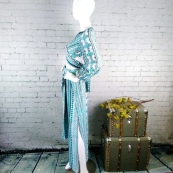 Zhu Ulma Paisley Wrap Pants Set Aqua Blue XS - Picture 2 of 9